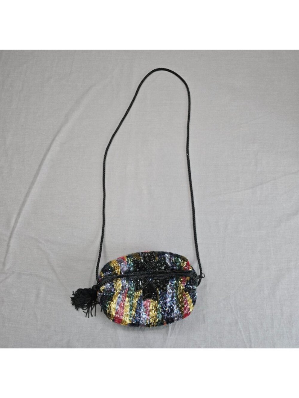 Beaded Floral Evening Crossbody Bag Small Black Tassel Zipper - Picture 3 of 4